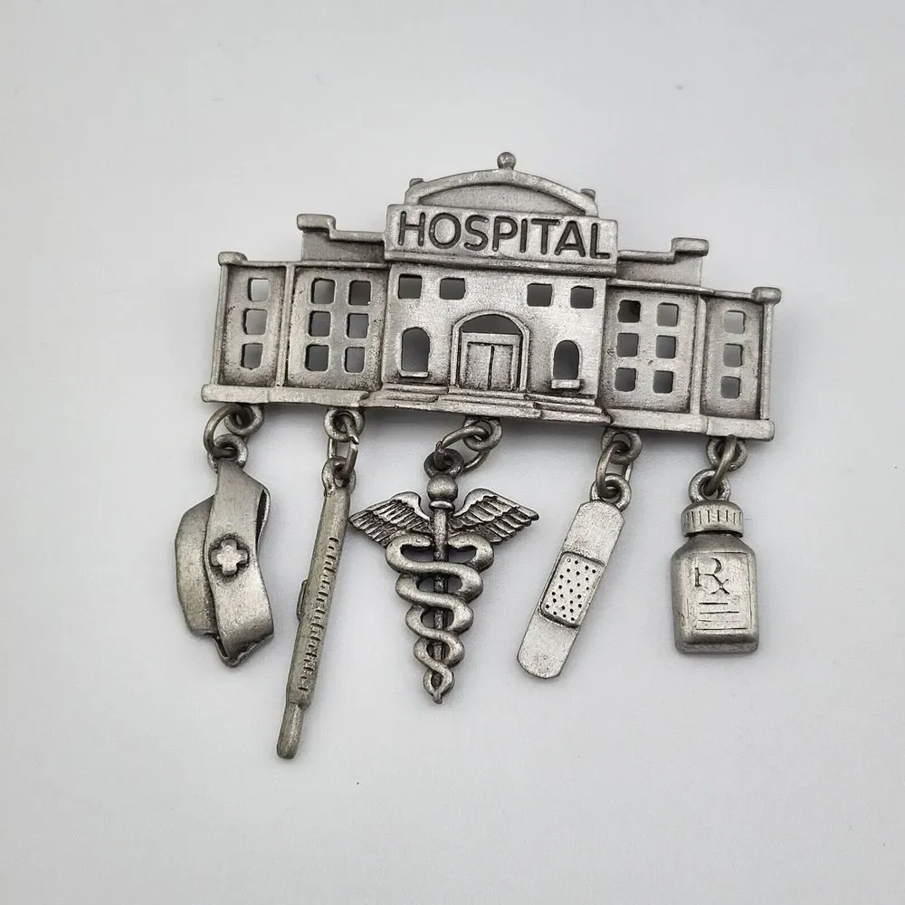 Vintage JJ Jonette Hospital Nursing Nurse Brooch Pin Pewter Tone‎ Metal